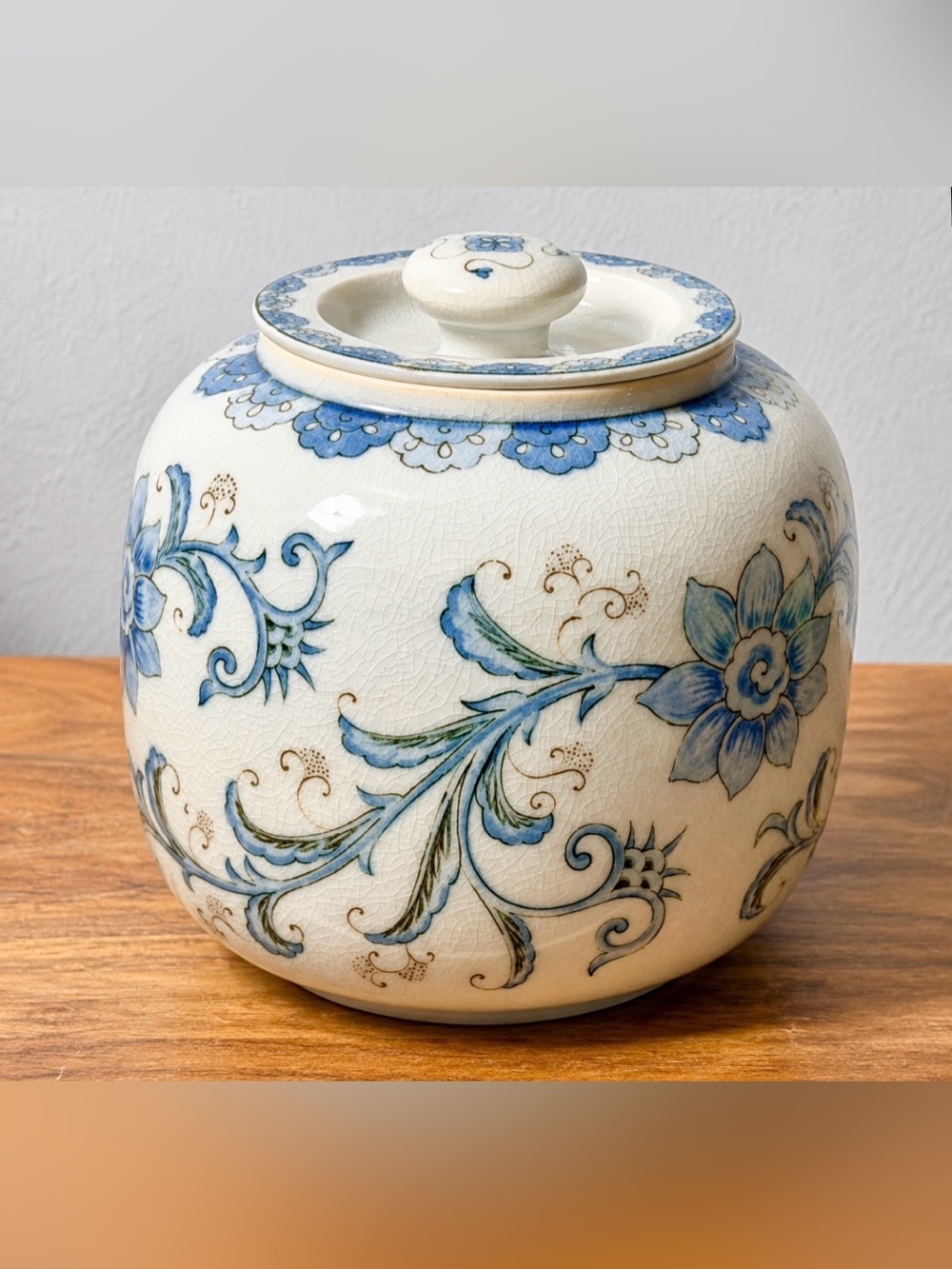 Vintage Blue Floral Ceramic Ginger Jar - Home Art